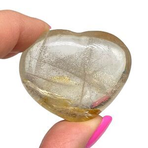 Clear Quartz w/ Golden Healer Heart Shaped Stone Crystal Pocket Palm Rubbing